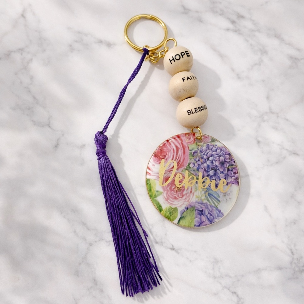 Personalized Name Floral Keychain with Tassel – Hope Faith Blessed